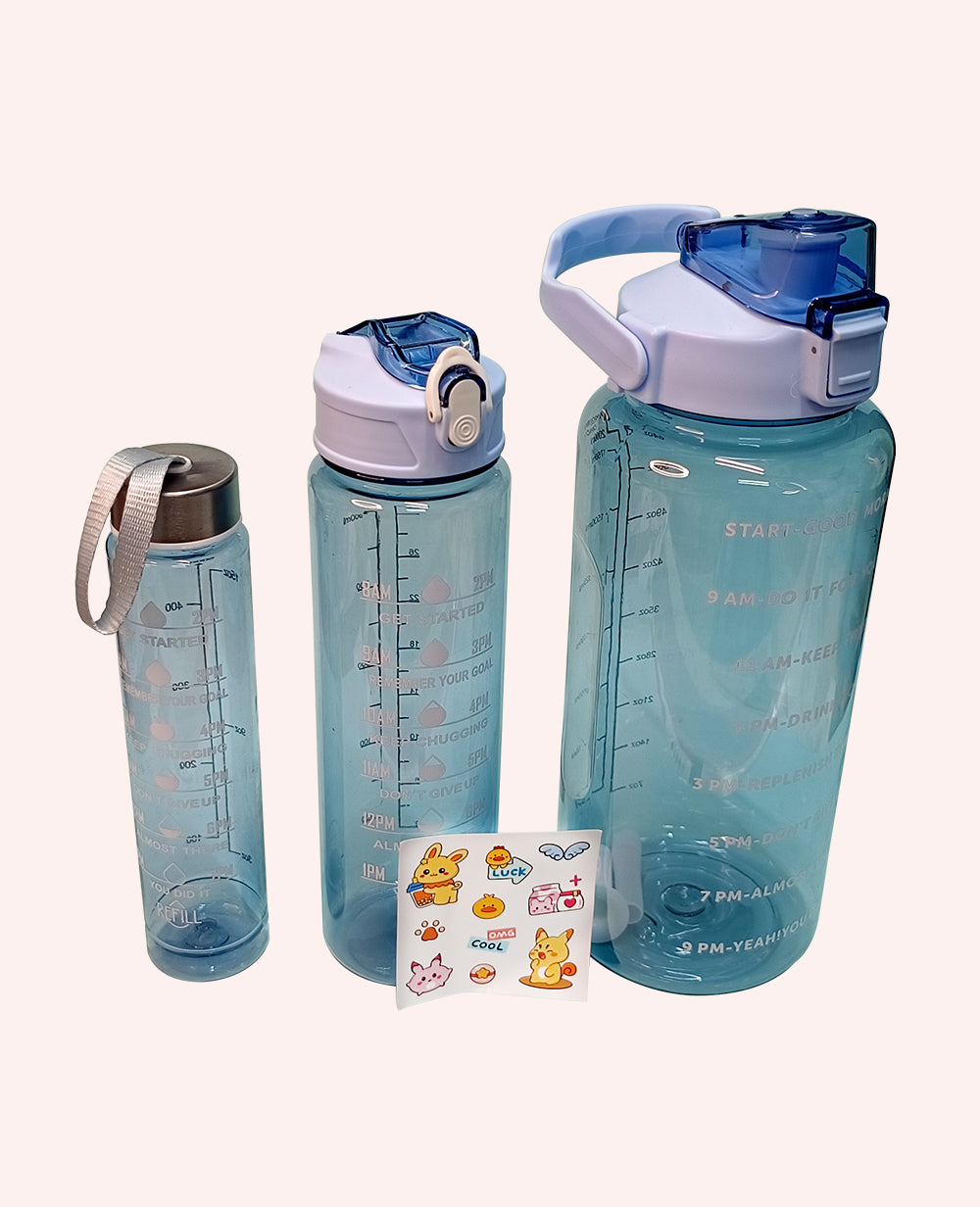 3-in-1 Motivational Transparent Water Bottle Set (2000ml + 1000ml + 300ml) | Time-Marked Leakproof Sipper Bottle for Gym, Kids & Office